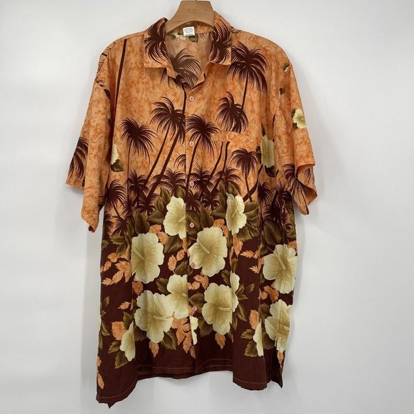 Oasis Beachwear Men's Orange Hawaiian Shirt Button Down Palm Trees Size Large - Picture 2 of 6